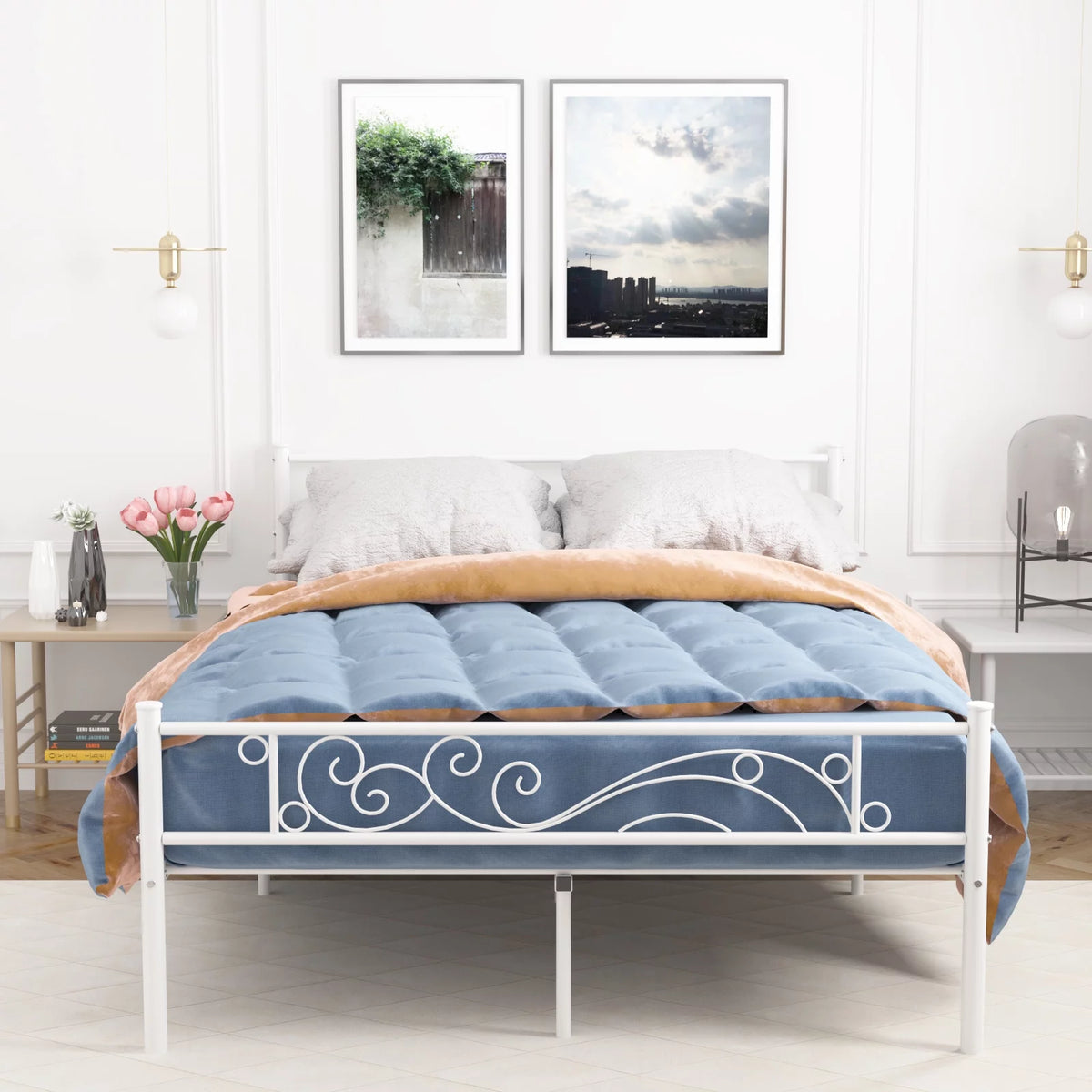 White Metal Twin Size Platform Bed Frame with Wave Headboard K187679