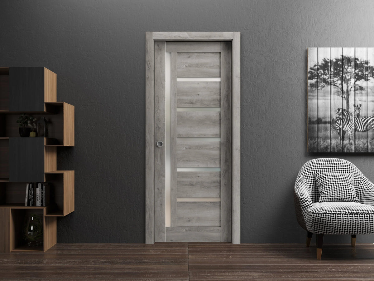 Sliding French Pocket Door 30 x 96 inches Frosted Glass Solid Wood Interior Door B944