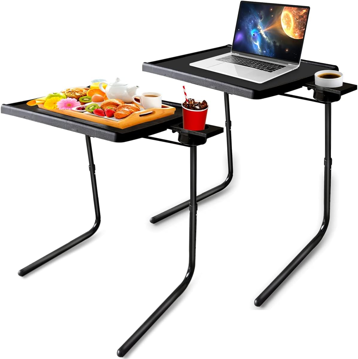 2 Pack Black Adjustable Folding TV Tray Table with Cup Holder Y265414