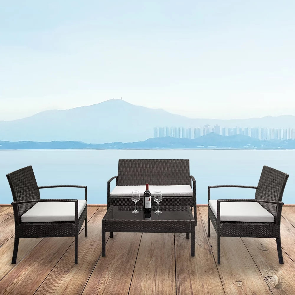 PE Rattan 4PCS Conversation Sofa Set with Cushions Brown I828