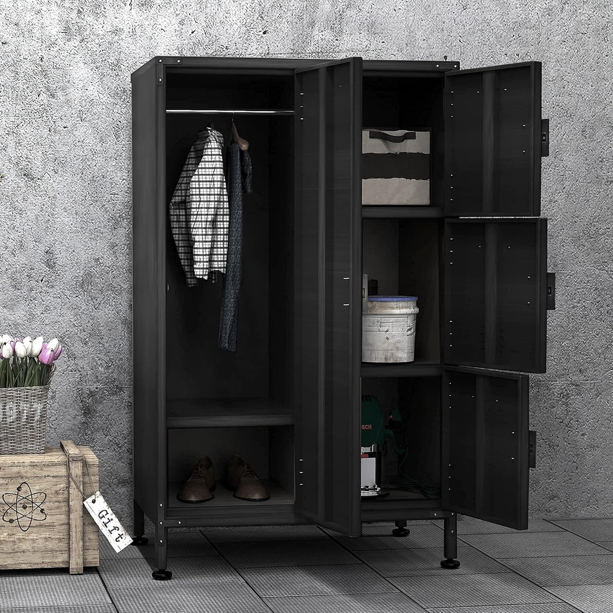4 Door Lockable Black Metal Storage Cabinet with Shelves E371640