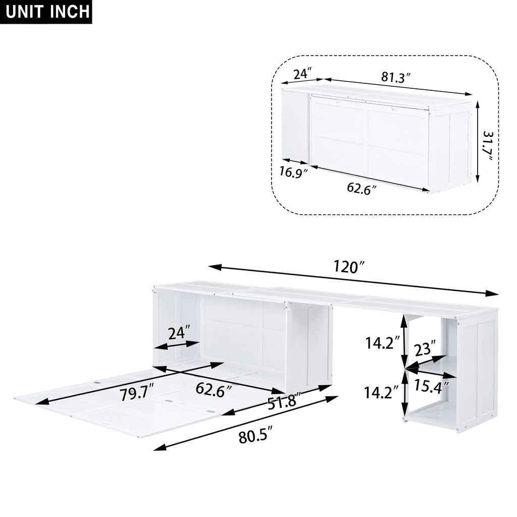 White Queen Size Murphy Bed with Rotable Desk and 2 Storage Shelves J9773