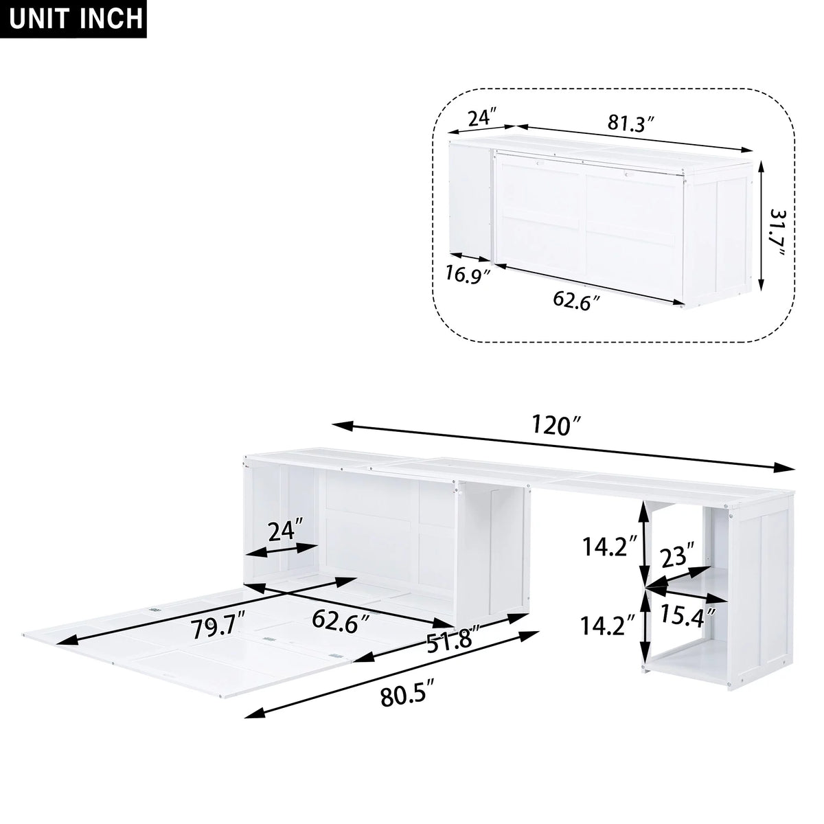 White Queen Size Murphy Bed with Rotable Desk and 2 Storage Shelves J9773