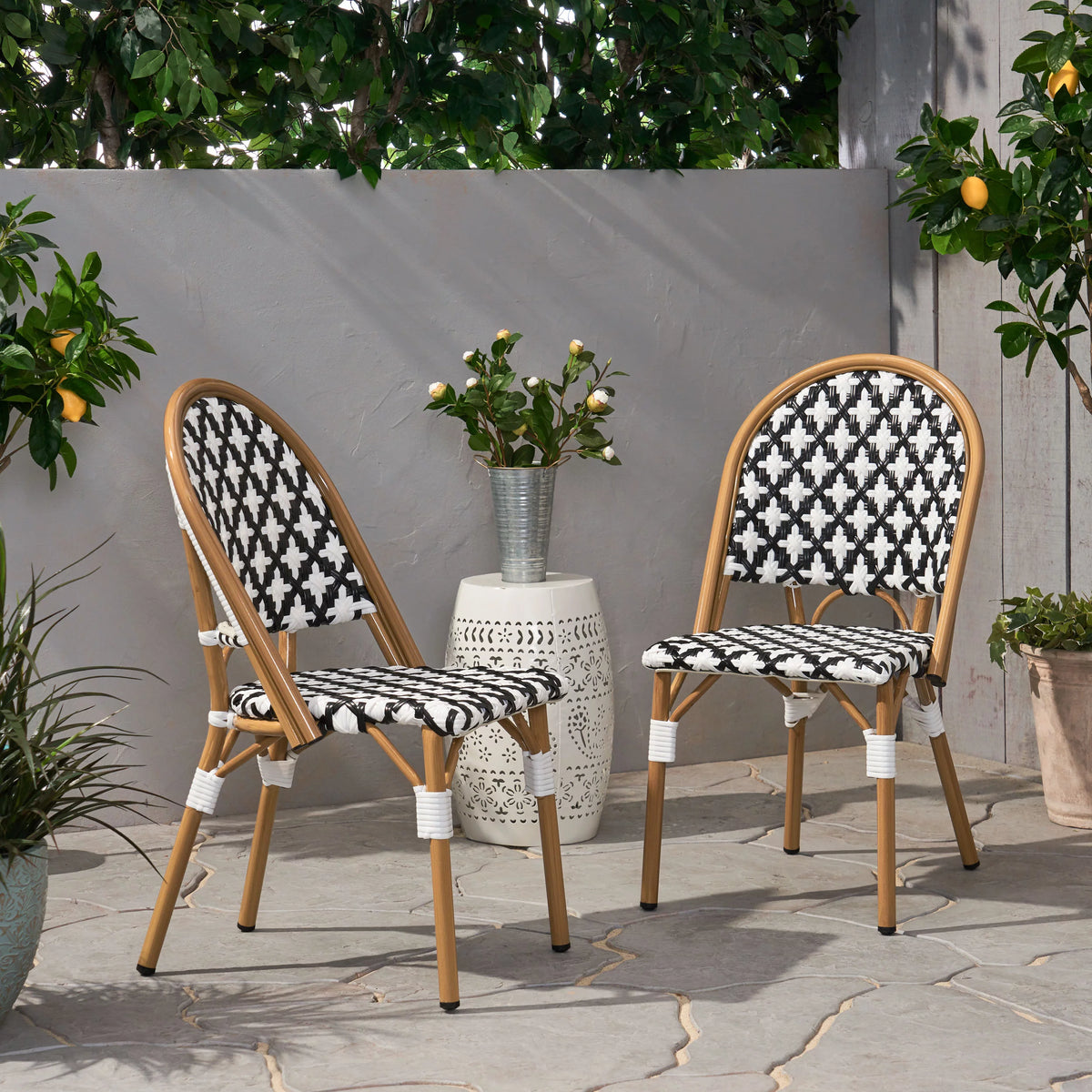 Set of 2 Black White Bamboo Finish Bistro Chair J321