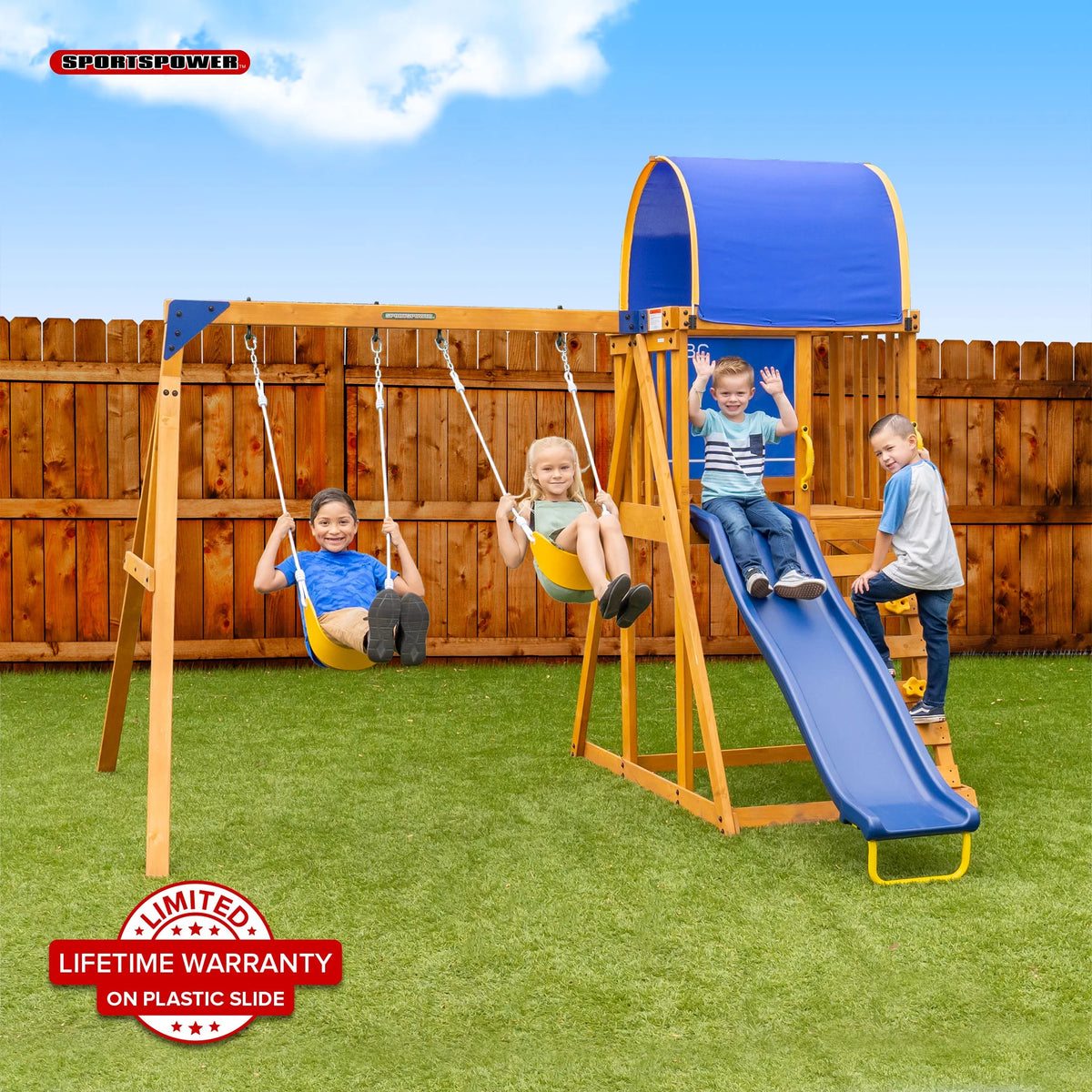 Wooden Swing Set with Double A-Frame and Slide J5742