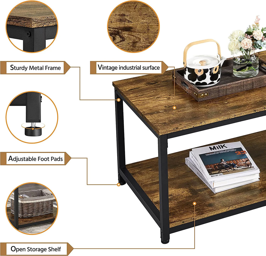 2-Tier Wood Coffee Table with Storage Shelf Metal Frame P9551
