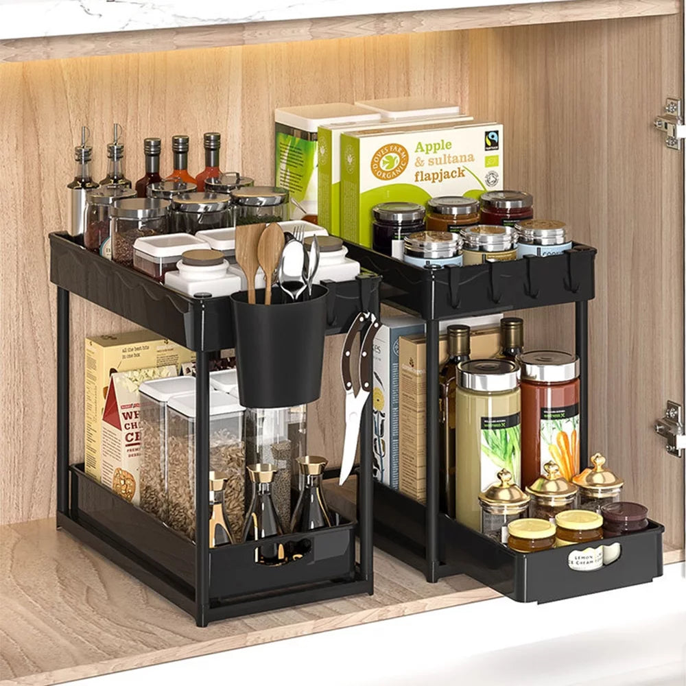 2 Pack 2-Tier Pull Out Under Sink Organizer with Hook & Hanging Cup N22794