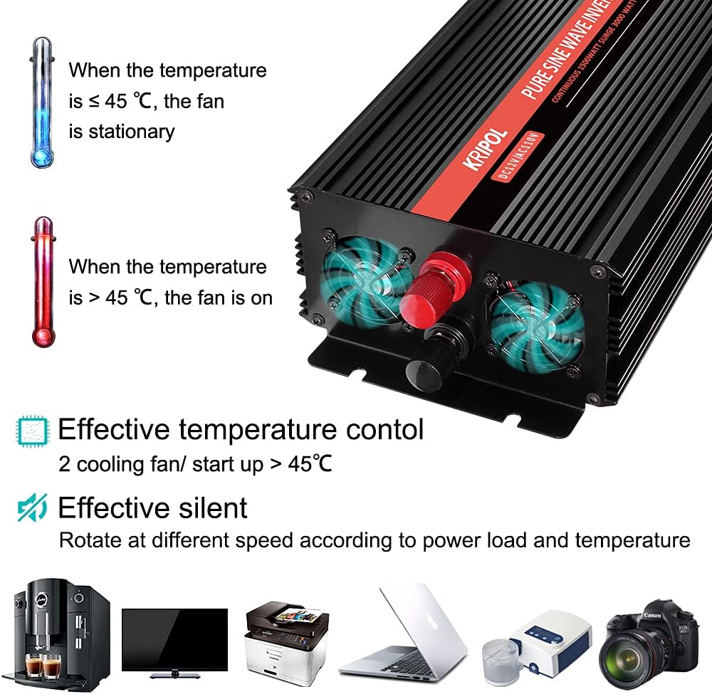 1000 Watt Pure Sine Wave Inverter 12v DC to 110/120v AC with 4 AC and USB Output Q1033