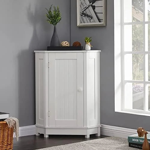 White Wood Corner Cabinet with Single Door and Shelves Z12951